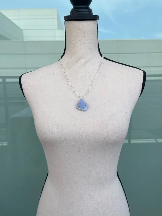 Angelite Gemstone Wire Wrapped Beaded Necklace Blue Stone & White AB Glass Beads - Picture 3 of 4